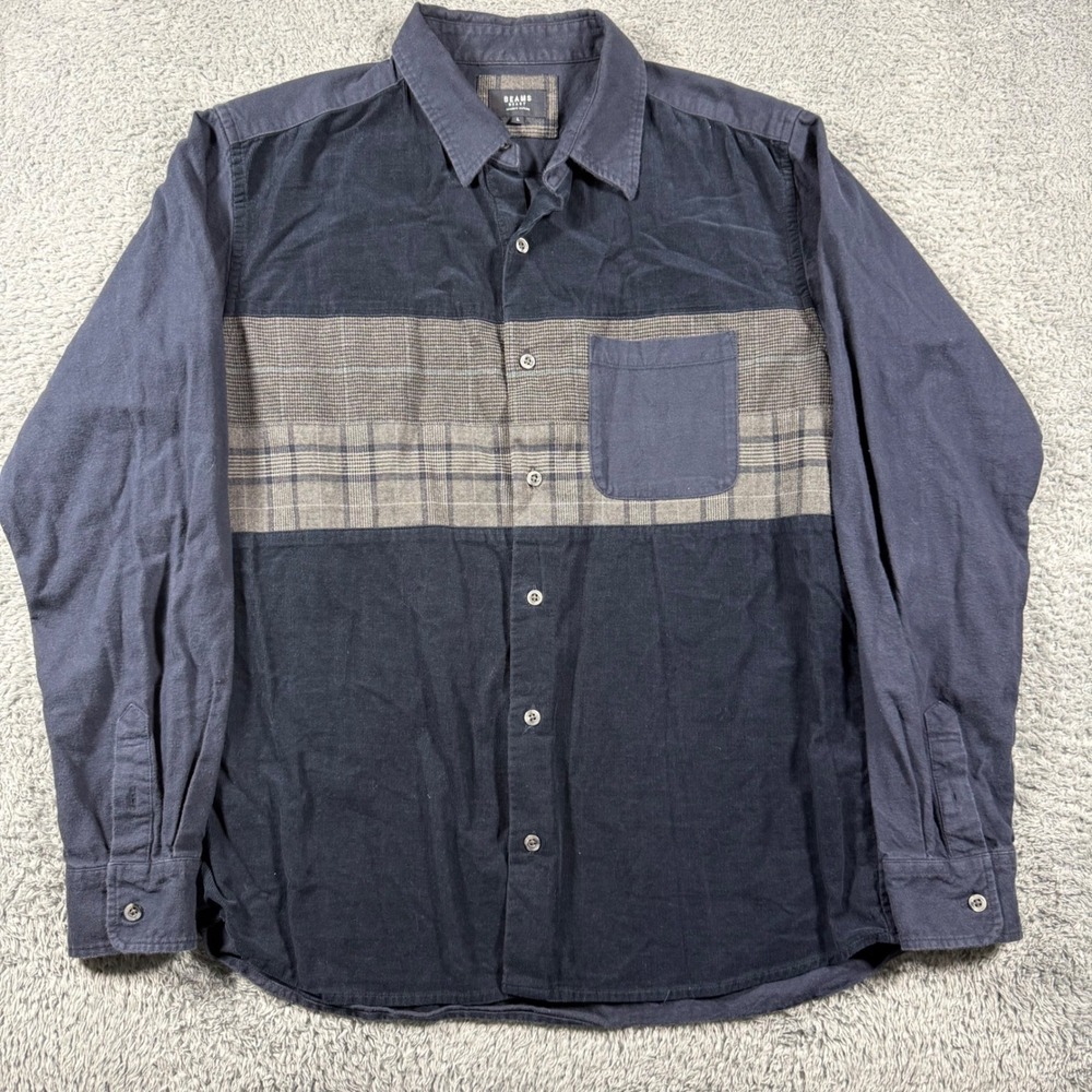 Beams Heart Corduroy Button Shirt Mens Large Navy Blue Plaid Mixed Media Color B